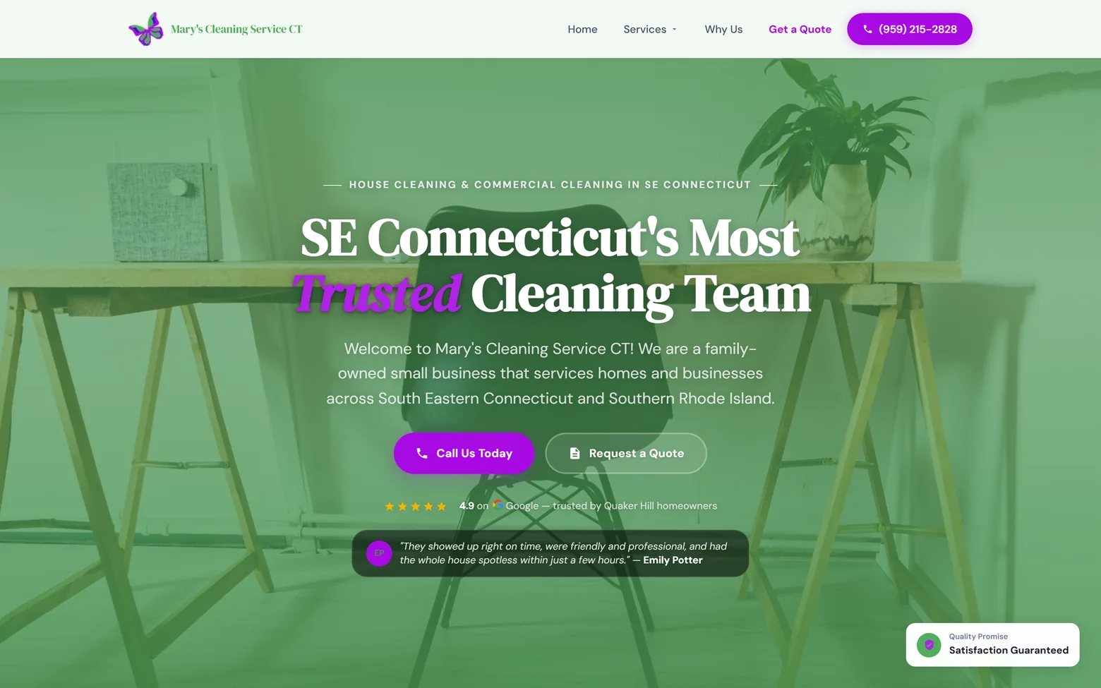 The Mary's Cleaning Service CT homepage on desktop — green hero, 4.9-star Google rating, and quote buttons.