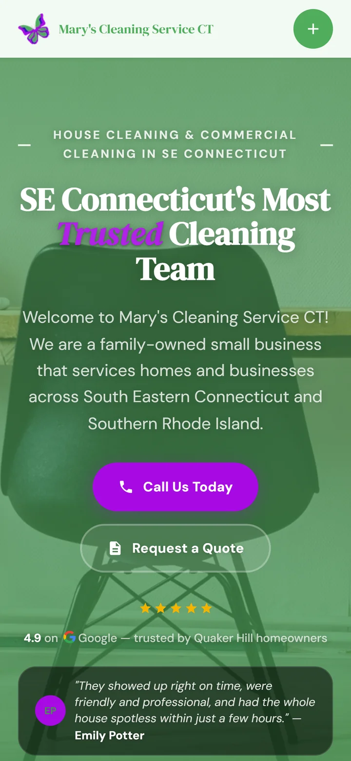 The same site on a phone — call and quote buttons within thumb's reach.
